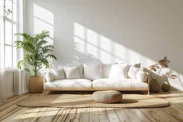 White minimalist living room interior with sofa on a wooden floor, decor on a large wall, white landscape in window. Home Nordic interior | Scandinavian interior poster mock up.