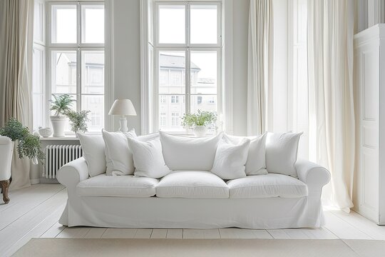 White living room, white sofa, armchairs