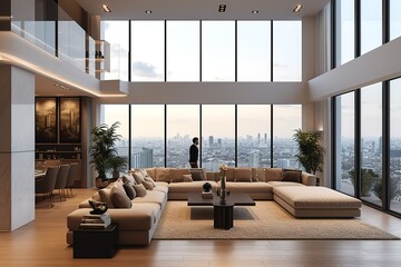 Zoom background: a modern high penthouse living room with large windows - obrazy, fototapety, plakaty