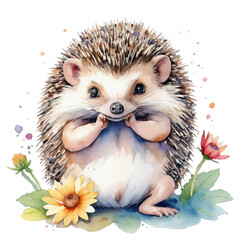 a colorful watercolor illustration an the hedgehog with flowers on Isolated transparent background png. generated with AI