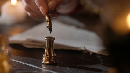 Female in antique outfit writes with feather pen. Close up shot of woman dipping vintage quill...