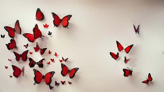 A lot of red butterflies are flying and they are sitting on a white background