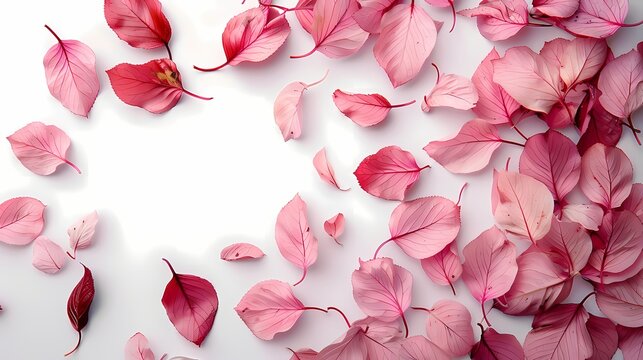 Sweet pink sakura leaves on white background, top down view with space on , white background