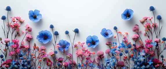 Classic simple with blank copy space on top section Small Blue and Purple Pressed wildflowers with stems laying vertically flat side-by-side on a solid white background  - obrazy, fototapety, plakaty