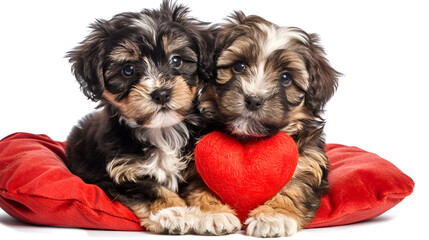 Two puppys with a toy heart on a white background,puppies Bernese Mountain Dog with heart. animals isolated on white,international pet day
