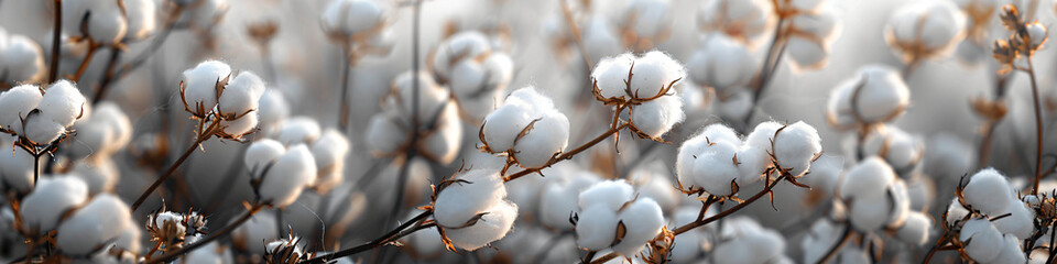 Cotton branch panoramic banner. Soft natural cotton bolls on branches against dark background for textile concept and organic product design - obrazy, fototapety, plakaty
