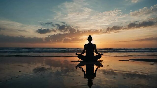 Silhouette of a serene person practicing yoga on the beach at beautiful sunset
