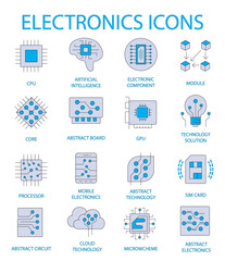 Minimalist Assortment of Electronics-themed Color Vector Line Icons. Features CPU, AI, SIM Card, and Additional Symbols. Customizable Stroke.