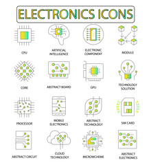 Primary Collection of Electronics-centered Color Vector Line Icons. Includes CPU, AI, SIM Card, and Various Symbols. Adaptable Stroke.