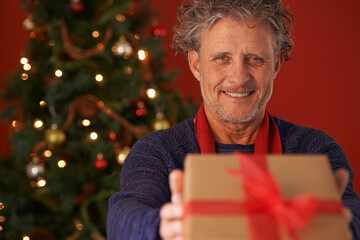 Obraz na płótnie Canvas Senior man, portrait and Christmas tree with gift box for present, giving or December holiday at home. Happy male person with smile for wrapped container, festive season or ribbon of Santa at house