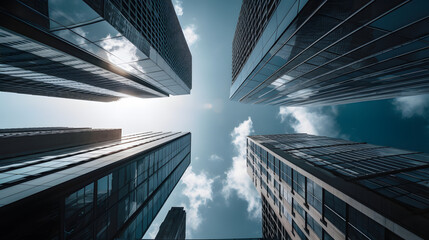 Looking up at high rise office building architecture against blue sky in the financial district of a modern metropolis