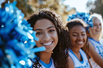 cheerleaders in blue and white uniforms hold blue pom poms high during a sunny outdoor event, showing team support and energy - obrazy, fototapety, plakaty