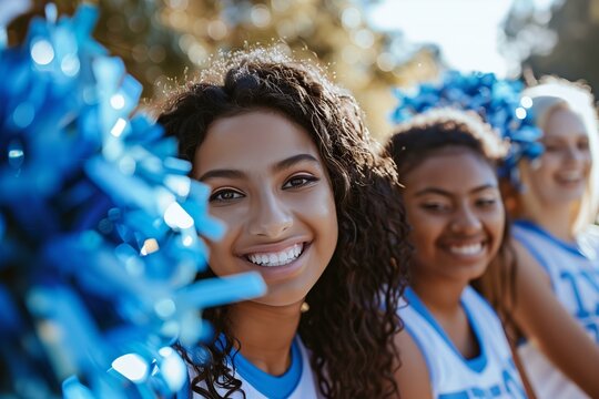 cheerleaders in blue and white uniforms hold blue pom poms high during a sunny outdoor event, showing team support and energy