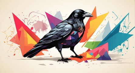 Fototapeta premium Crow colorful geometric shapes background. Digital painting. Vector illustration from Generative AI