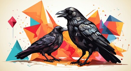 Fototapeta premium Crow colorful geometric shapes background. Digital painting. Vector illustration from Generative AI