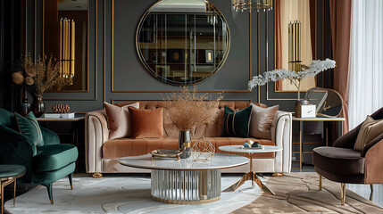 Cozy modern living room influenced by Hollywood Regency style, with luxe velvet furniture, mirrored surfaces, and glamorous gold accents