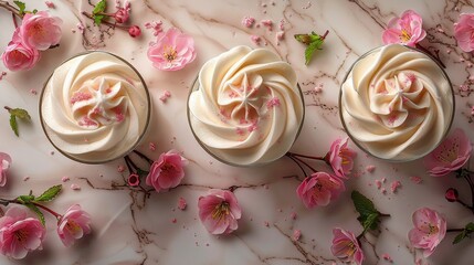 Three Cupcakes With White Frosting and Pink Flowers