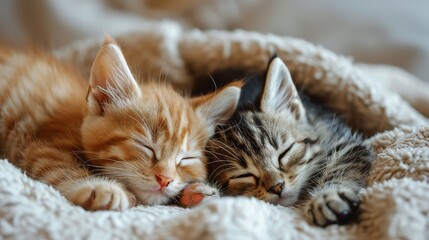 Two Kittens Cuddling Together in a Bed
