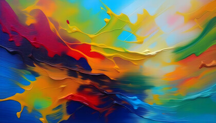 A close-up of an abstract oil painting with vibrant colors and textures