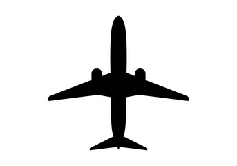 Icono de silueta negra de un avión en fondo blanco.