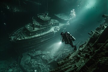 A man in a scuba suit stands next to a sunken ship, deep underwater, exploring the wreckage. Generative AI - obrazy, fototapety, plakaty