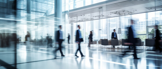Fototapeta na wymiar Business people walk in a large office lobby against a cityscape background. Motion blur effect, bright business workplace with people in walking in blurred motion in modern office space