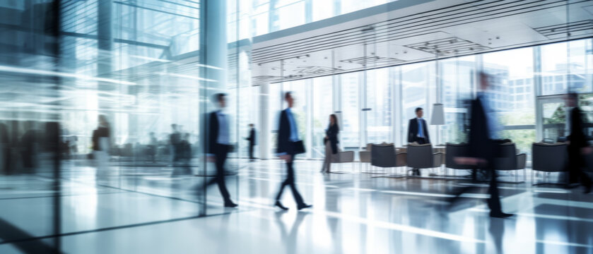 Business people walk in a large office lobby against a cityscape background. Motion blur effect, bright business workplace with people in walking in blurred motion in modern office space