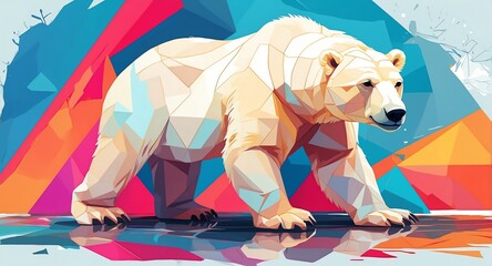 Polar Bear colorful geometric shapes background. Digital painting. Vector illustration from Generative AI
