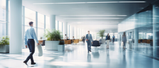Fototapeta premium Business people walk in a large office lobby against a cityscape background. Motion blur effect, bright business workplace with people in walking in blurred motion in modern office space