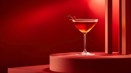 Manhattan cocktail on podium on red background. Glass of alcoholic drink