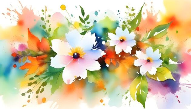 A watercolor painting of colorful flowers and leaves on a white background
