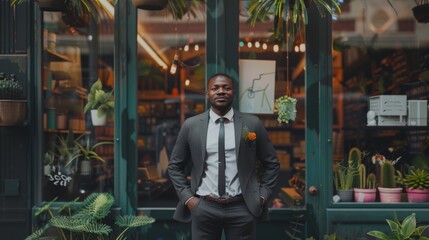 Confident businessman in front of plant-filled store, smart grey suit with boutonniere, personable and professional, urban entrepreneur - obrazy, fototapety, plakaty