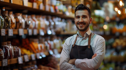 Obraz premium Smiling male seller in health food store
