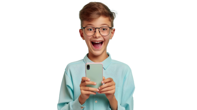 Excited boy with glasses holding phone, wide-eyed surprise, joyful discovery, youthful enthusiasm, transparent background, trendy