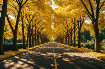 A road lined with a majestic row of ginkgo trees.