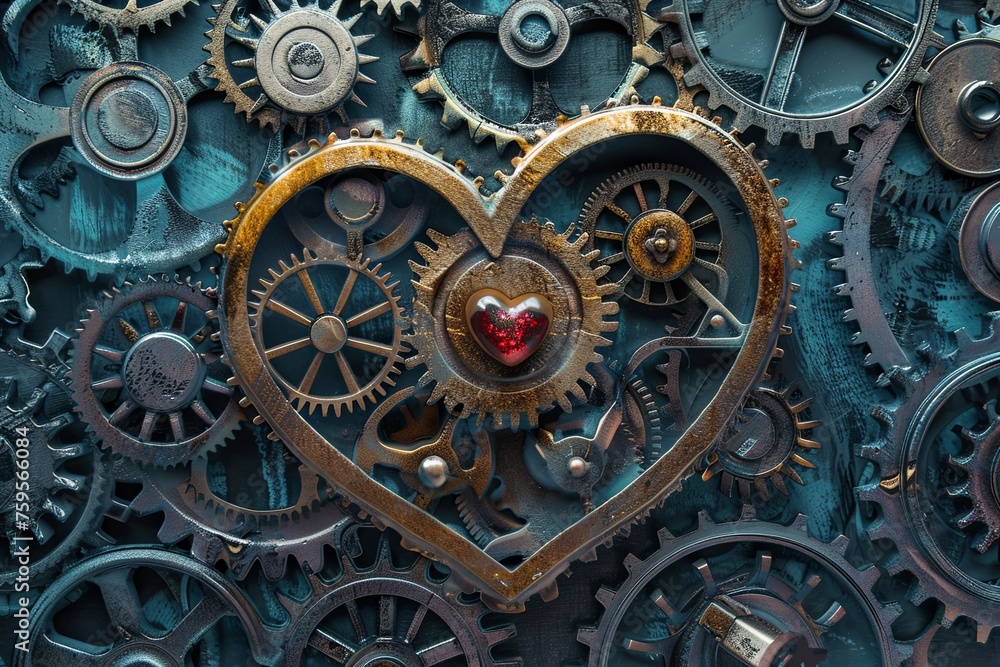 Poster intricate gears and cogs form a heart shape, with a smaller red heart at the center. generative ai