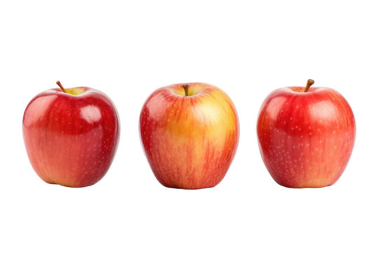 Three Red Apples in a Row. on a White or Clear Surface PNG Transparent Background.