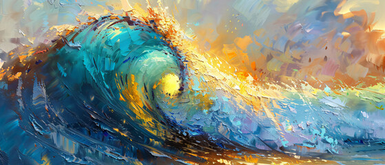A painting of a wave with a yellow and blue center 
