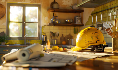 Fototapeta premium Construction blueprints and a yellow helmet placed against a construction site background, represent the concepts of construction planning and workplace safety.