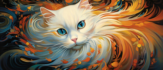 A painting of a white cat with orange eyes 