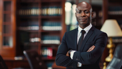Fototapeta premium A poised and professional lawyer stands confidently in a dignified library setting.