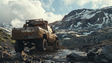 Rugged 4x4 vehicle crossing a stream with a dramatic mountainous backdrop.