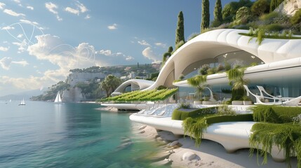 A futuristic French Riviera mansion, featuring AI-controlled vineyards