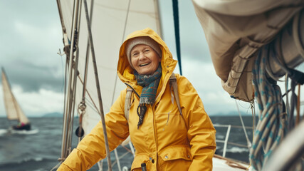 Elderly woman sailing, enjoying her adventure at sea in a yellow raincoat smiling heartily.