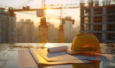 Construction blueprints and a yellow helmet placed against a construction site background, represent the concepts of construction planning and workplace safety.