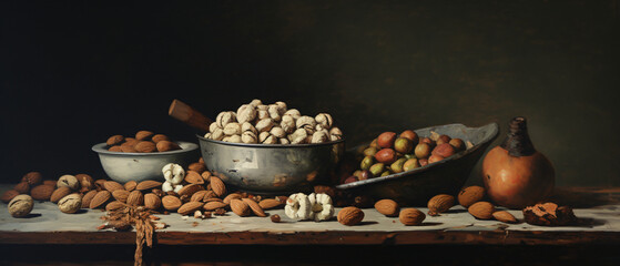 A painting of nuts and a bowl of nuts on a table ..