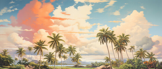 A painting of palm trees in a tropical 