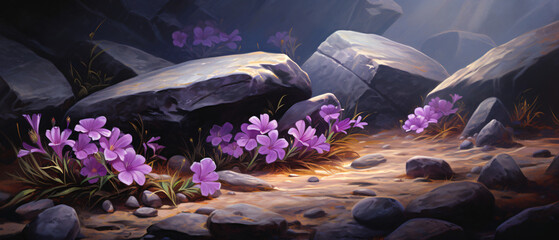 A painting of purple flowers on a rocky surface 