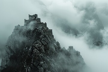 A very tall mountain covered in mist with a castle perched on its summit. Generative AI
