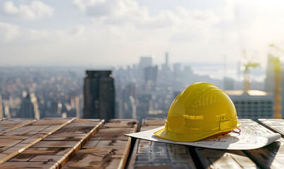 Construction blueprints and a yellow helmet placed against a construction site background, represent the concepts of construction planning and workplace safety. - obrazy, fototapety, plakaty